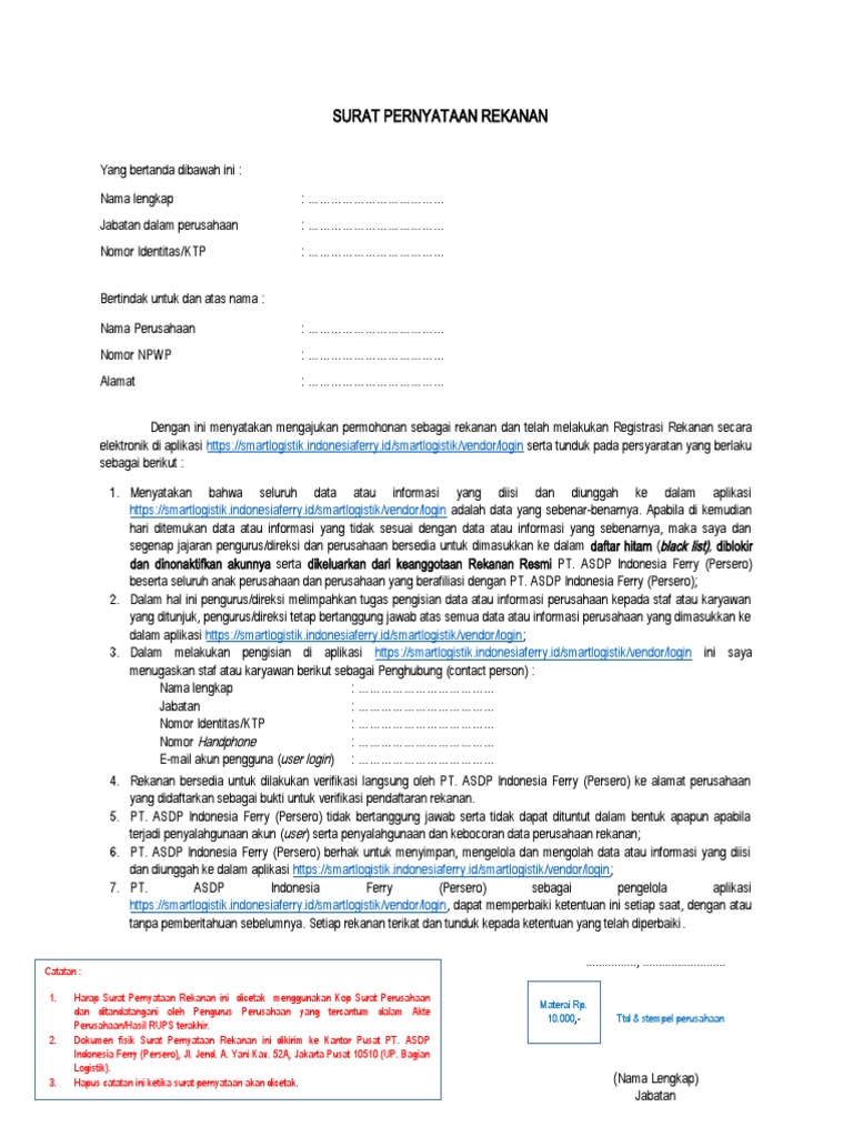 Surat Pernyataan Rekanan VMS | PDF