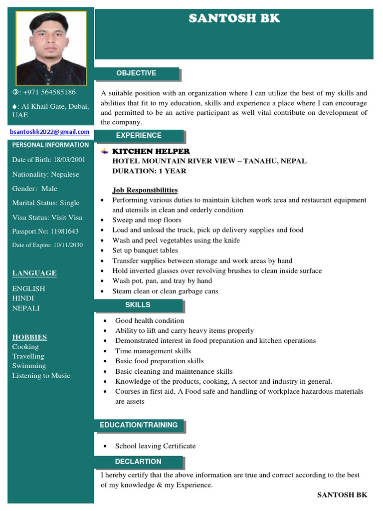 Kitchen Helper CV for Santosh BK | PDF | Nepal | Kitchen