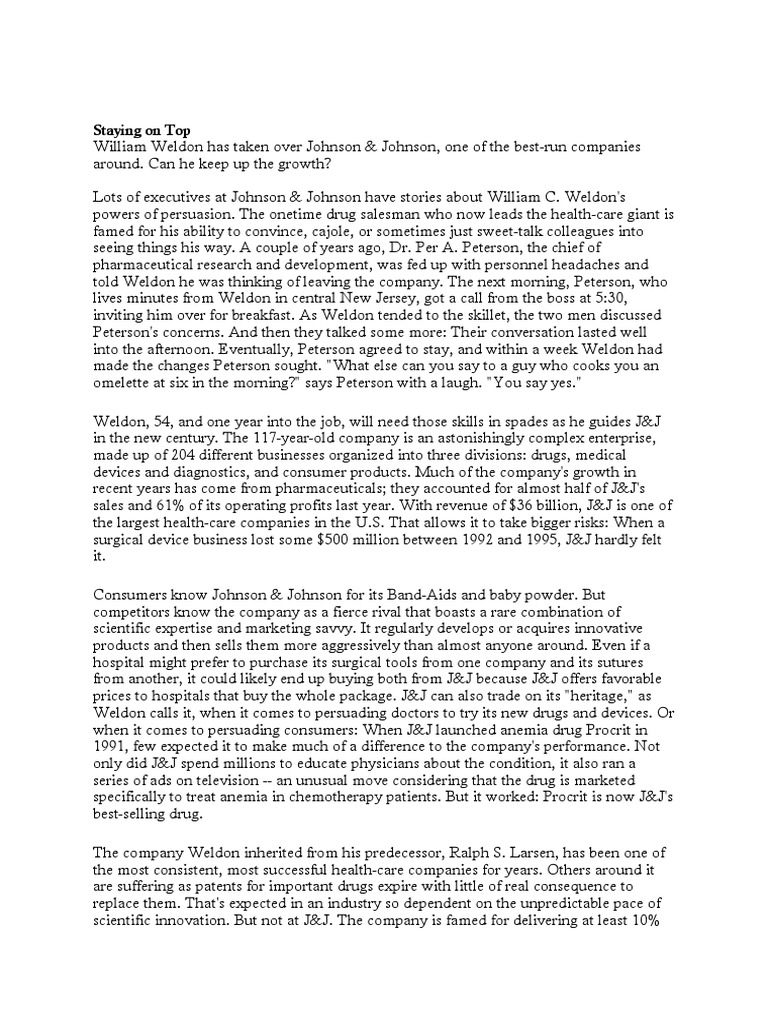 Staying On Top J&J Case Study PDF Johnson & Johnson Medicine