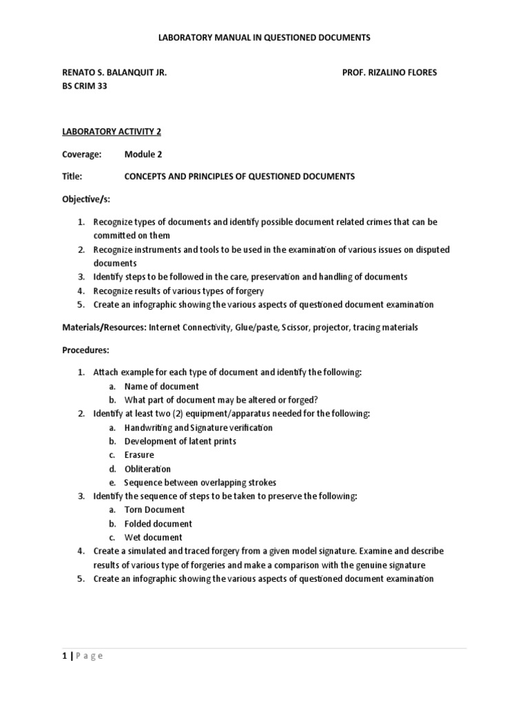 Analysis of techniques and principles of questioned document