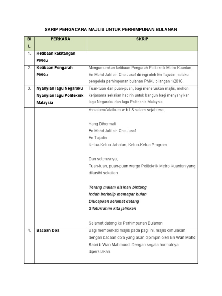 Skrip Perhimpunan Bulanan PMKu | PDF
