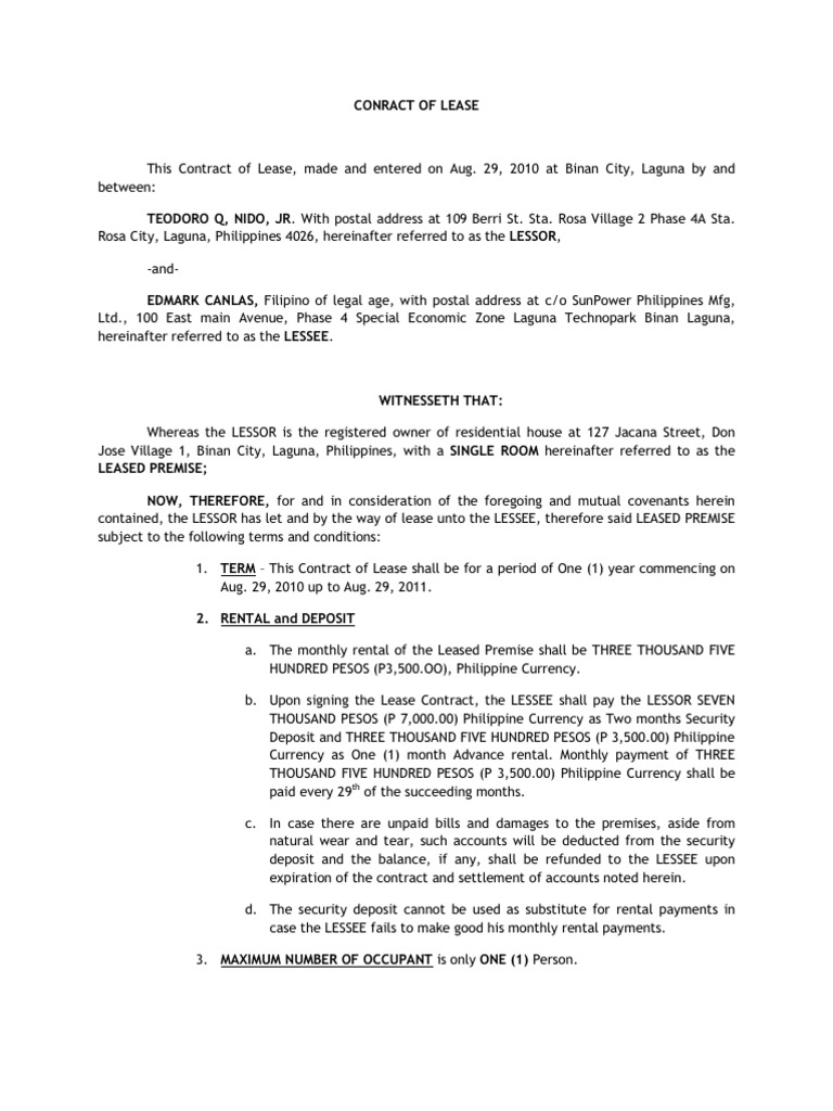 Conract of Lease Lease Law Of Obligations
