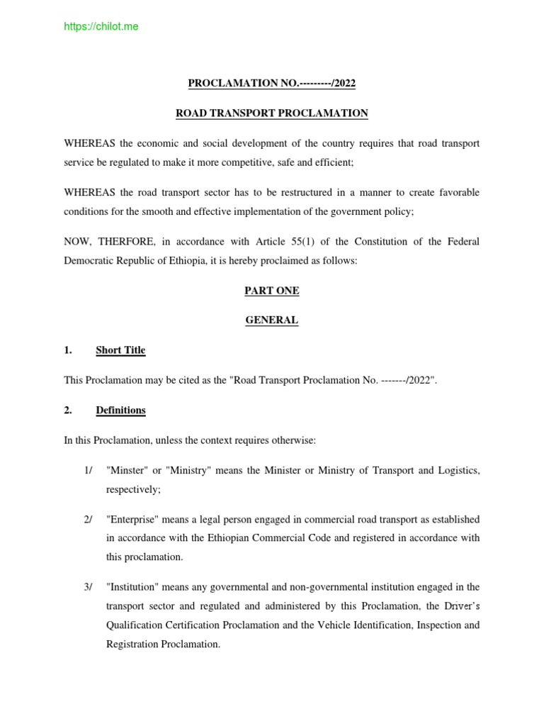 Draft Road Transport Proclamation 2022 | PDF | Vehicles | Transport