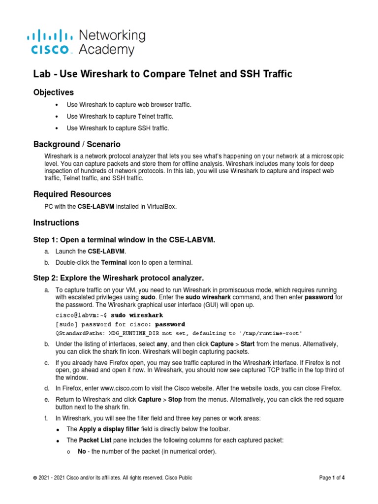 5.4.3.4 Lab - Use Wireshark To Compare Telnet and SSH Traffic | PDF ...