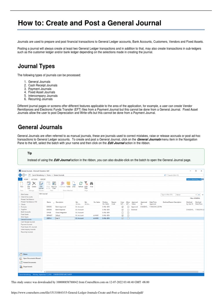 15 General Ledger Journals Create and Post A General Journal PDF PDF