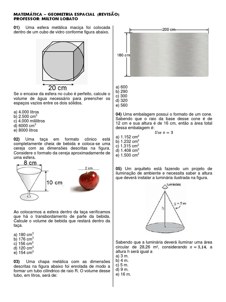 Exercicio Geometria Espacial - Revisao | PDF | Geometria convexa ...
