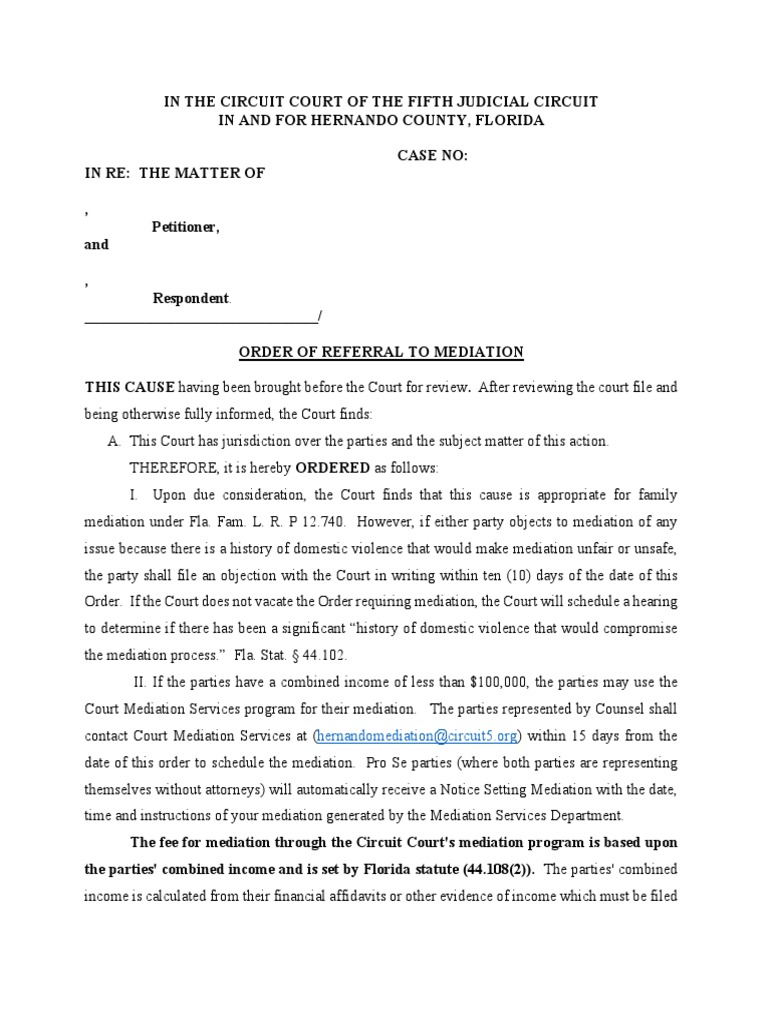 Order of Referral To Mediation Hernando PDF Mediation Virginia Order of Referral To Mediation Hernando PDF Mediation Virginia
