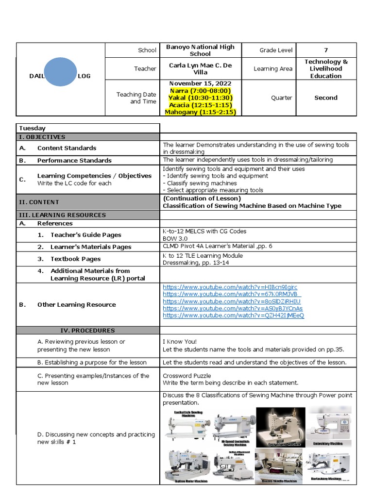 Classification and Uses of Sewing Tools A Detailed Lesson Plan on