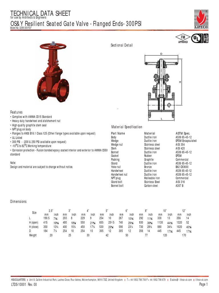 LIFECO Model 3299 300 FLF OSY Resilient Seated Gate Valve PDF Building Engineering Materials