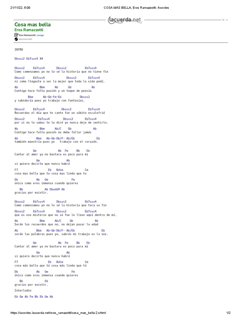 COSA MAS BELLA, Eros Ramazzotti Acordes PDF