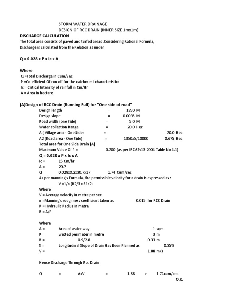 RCC Storm Water Drain Design Calculations | PDF