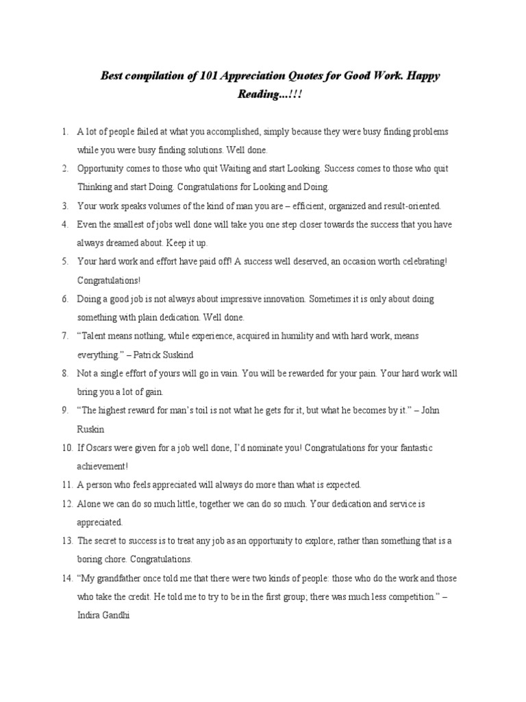 Best Compilation of 101 Appreciation Quotes For Good Work | PDF