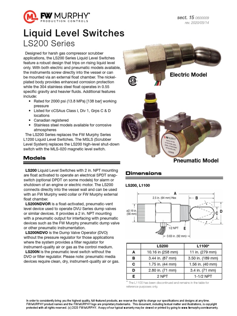 Sensor Nivel Murphy LS200 PDF Valve Switch