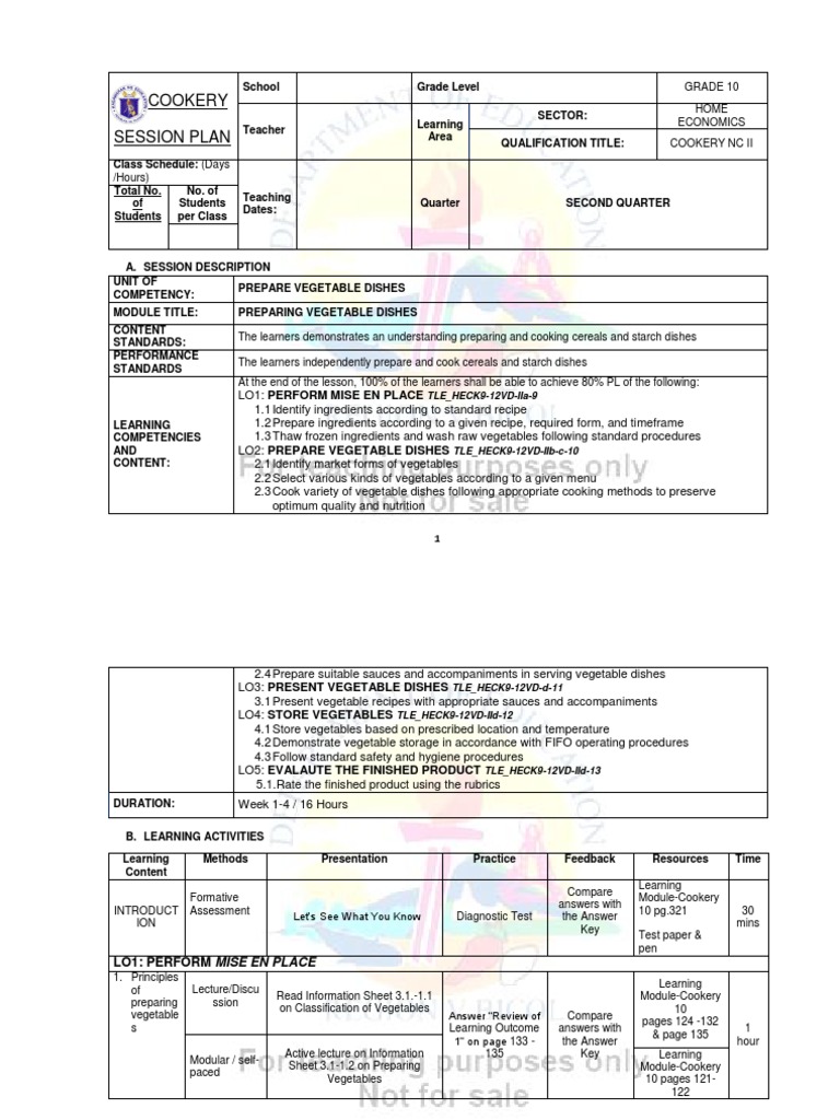 Grade 10 Cookery Session Plan | PDF