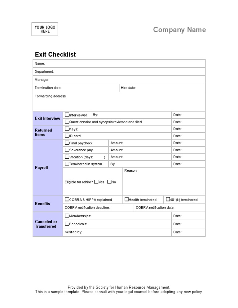 Employee Exit Interview Checklist Form | PDF | Consolidated Omnibus ...