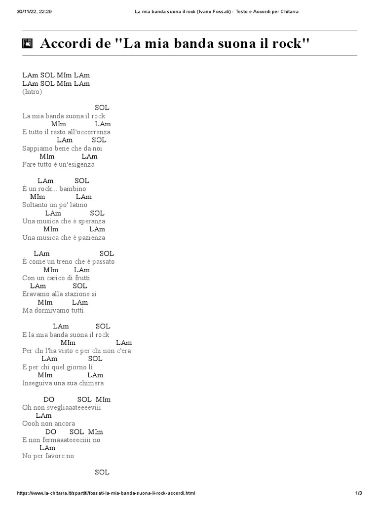 La Mia Banda Suona Il Rock (Ivano Fossati) Testo e Accordi Per