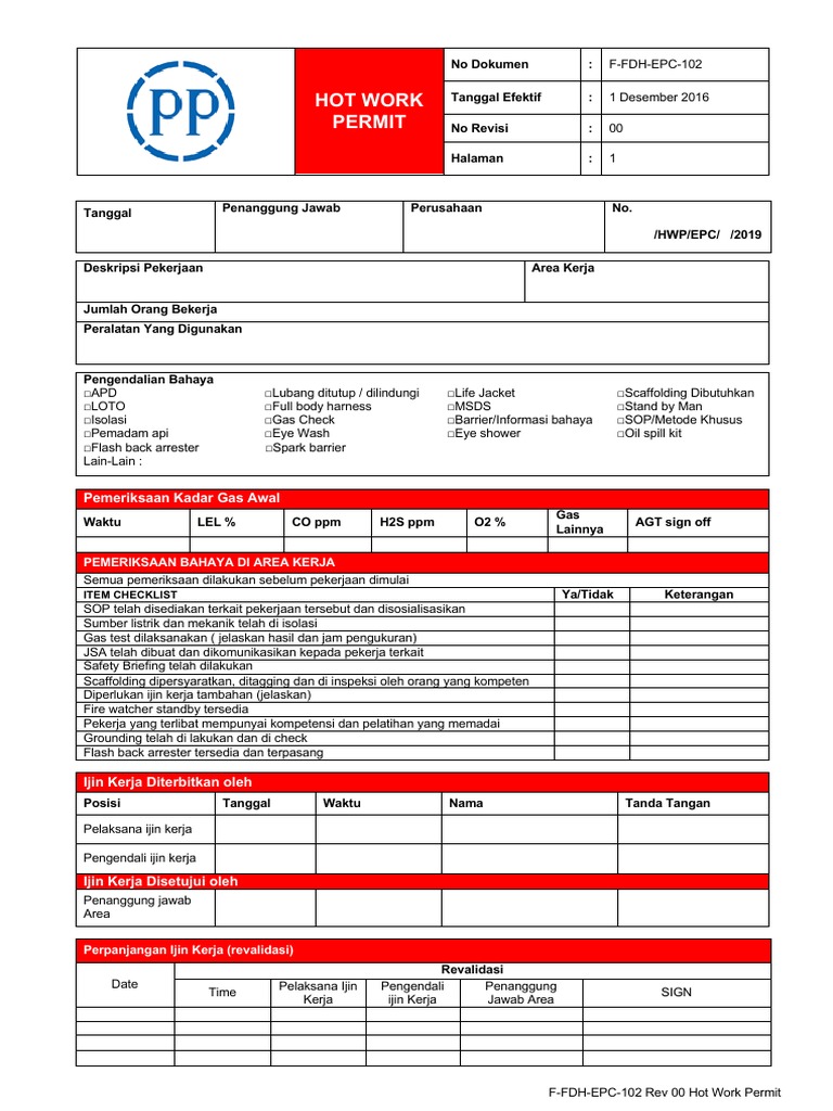 FFDHHSE1020 Form Hot Work Permit PDF