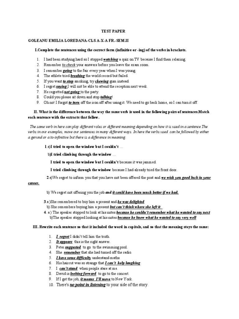 Verb Forms and Usage Test Paper | PDF | Syntax | Grammar