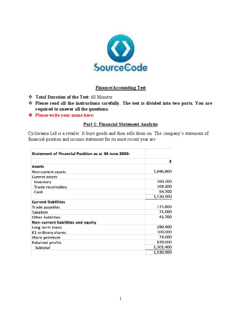 Test Finance And Accounting Pdf Balance Sheet Income Statement