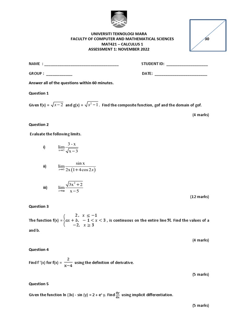 Calculus 1: Student Assessment | PDF