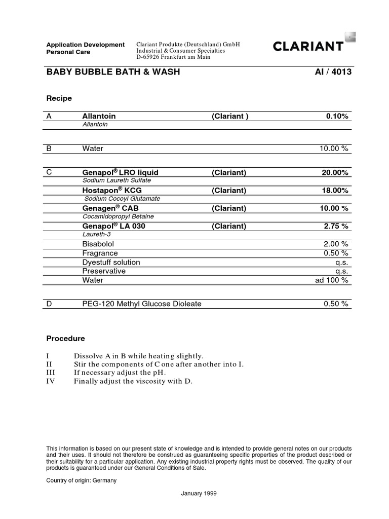 Clariant Formulation Baby Bubble Bath and Wash 199901 EN PDF Chemistry Chemical Substances