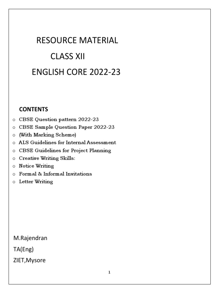 Resource Material 2022-23 English Class Xii | PDF