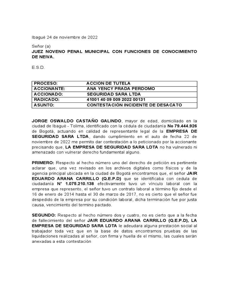 Contestacion Accion de Tutela | PDF | Juez | Derecho Constitucional