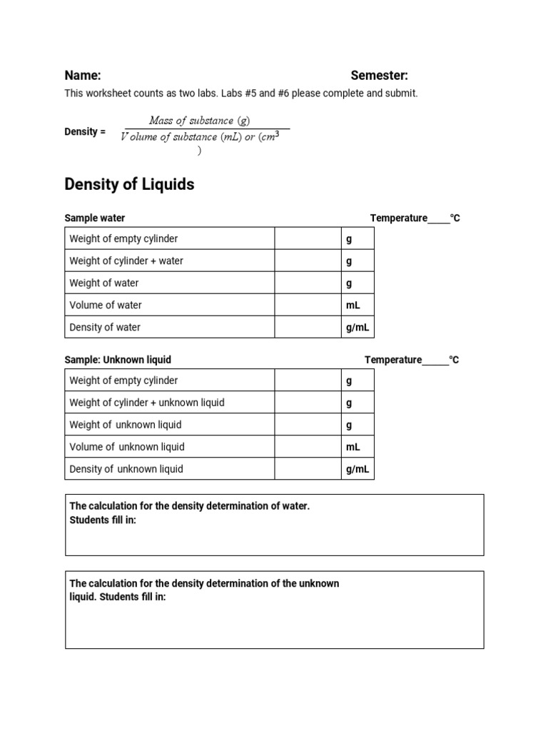 Density of Liquids and Solids Worksheet Rev1 PDF Density Volume