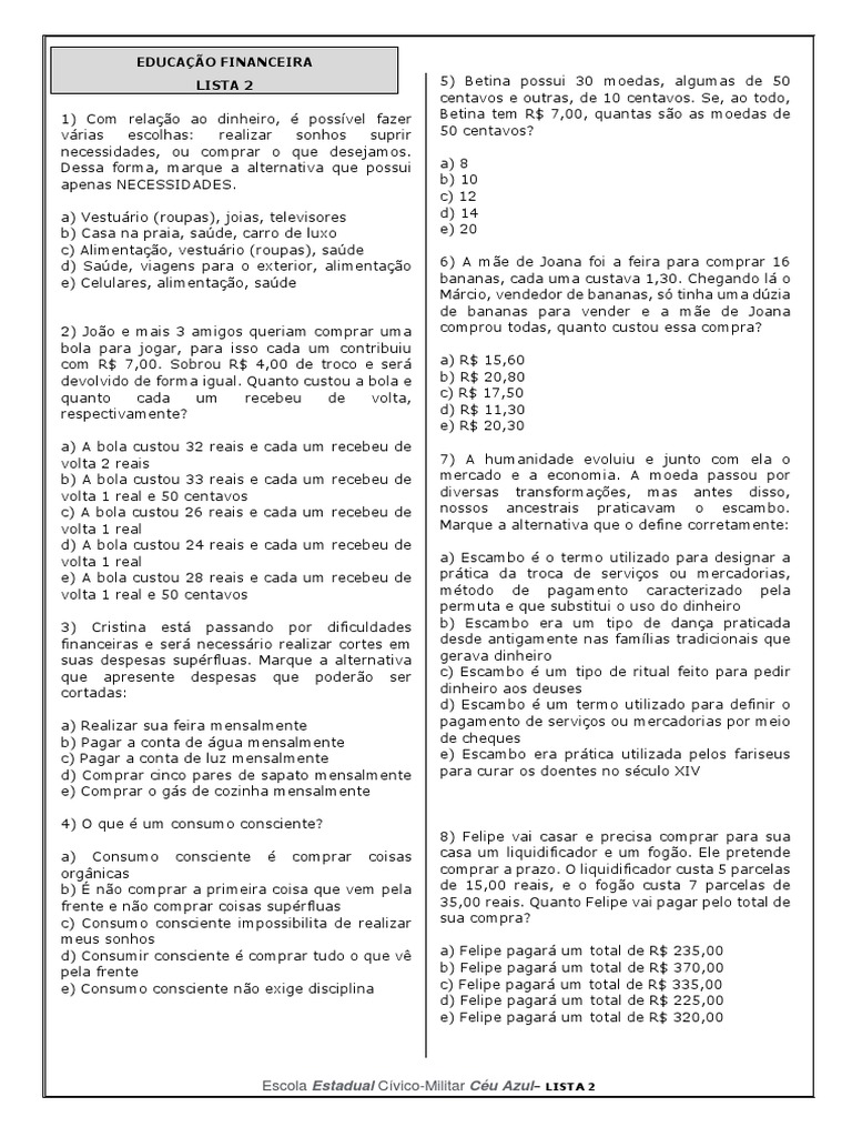 Lista de exercícios sobre educação financeira com questões sobre ...