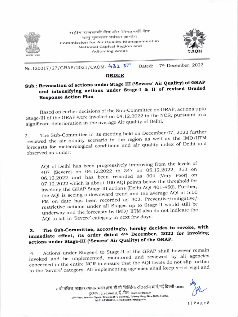 GRAP Stage III Revocation Order PDF Government Government Of India