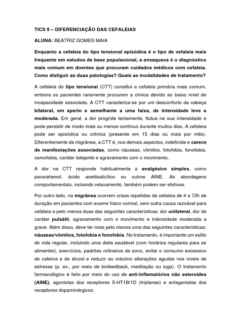 Diferenças entre Cefaleia Tensional e Enxaqueca | PDF
