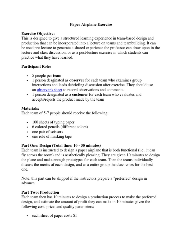 Paper Airplane Exercise PDF Lecture Cognition