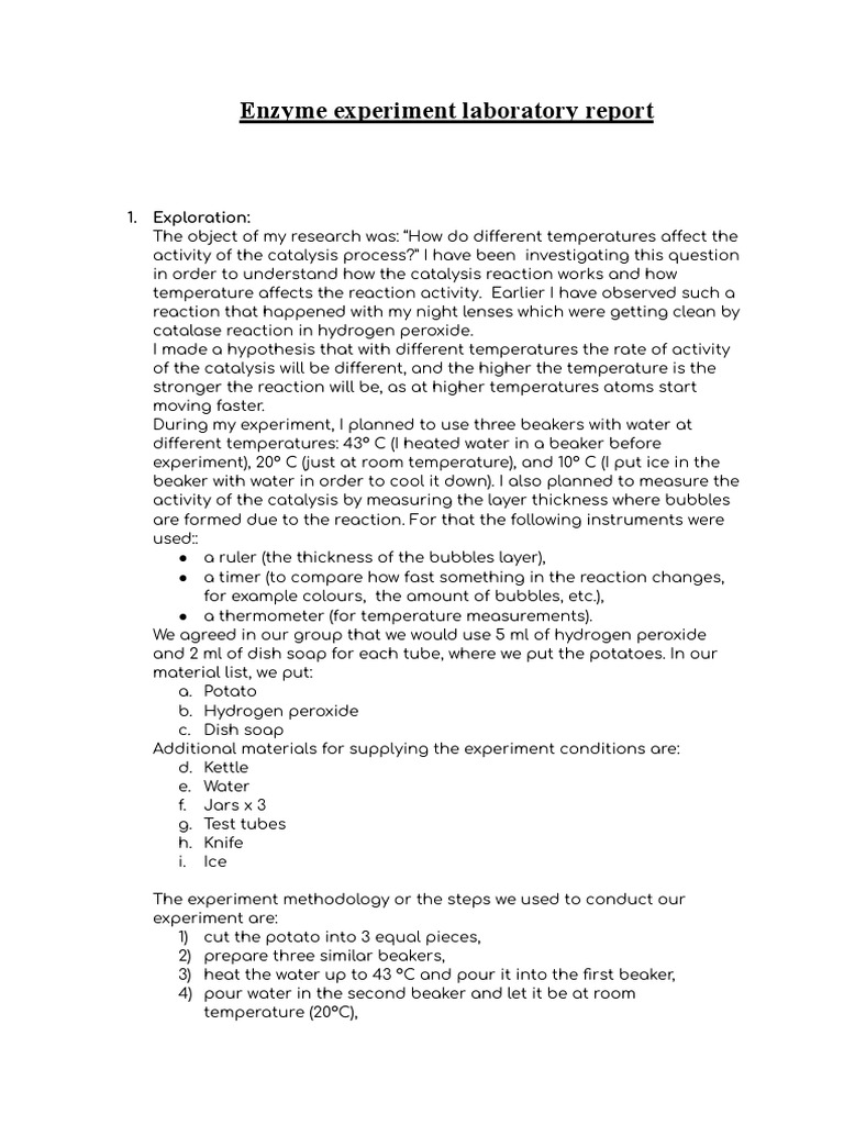 Enzyme Experiment Lab Report Terence Hutchinson PDF Experiment Temperature
