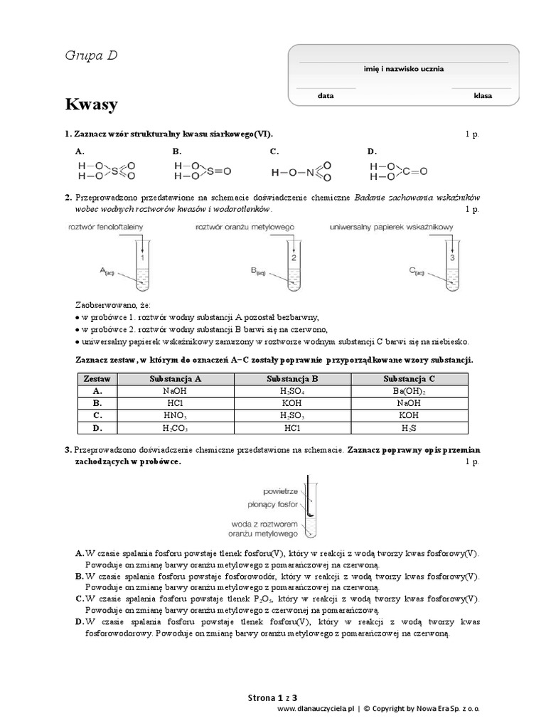 Chemia Klasa 2 Gimnazjum Kwasy Sprawdzian Sprawdzian 1 Kwasy Grupa D | PDF