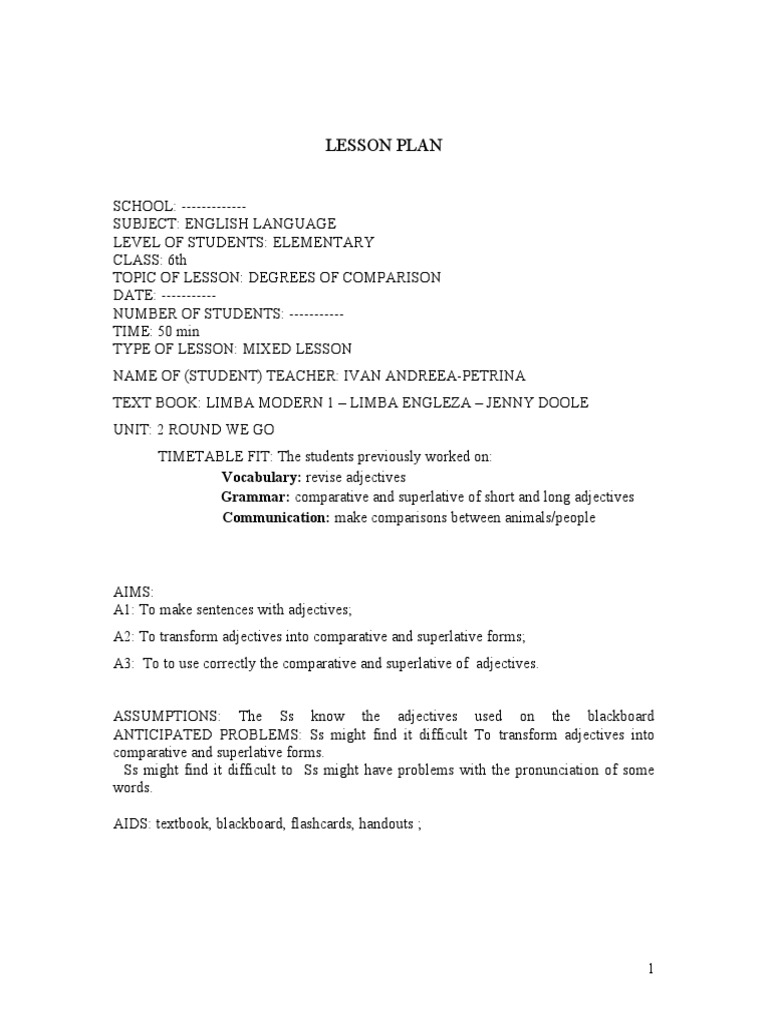 LESSON PLAN Ivan Andreea RE1 | PDF | Adjective | Linguistics