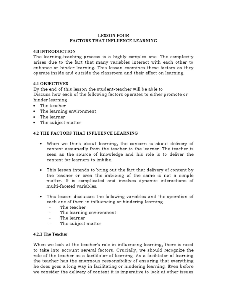 Topic 4 Factors influencing learning | PDF | Learning | Teachers