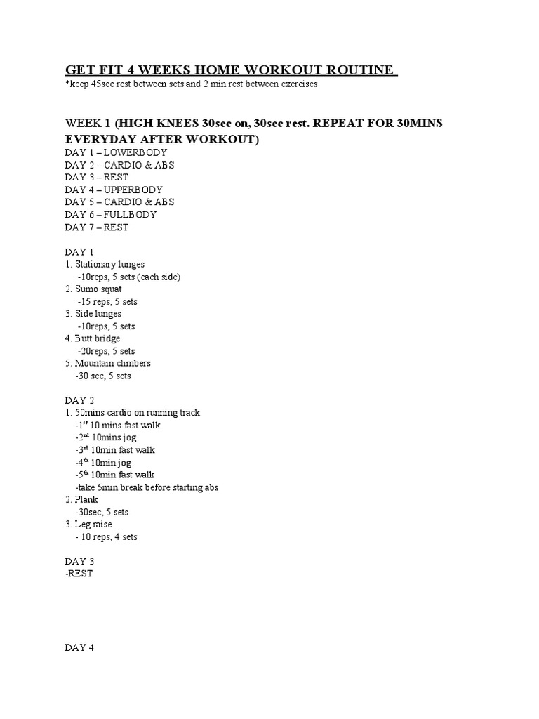 4-Week Home Workout Plan | PDF | Aerobic Exercise | Physical Fitness