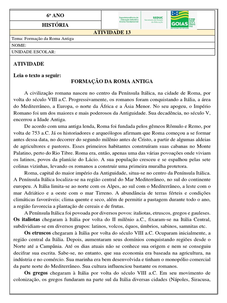 Atividade 13 6o Ano HIS Formacao Da Roma Antiga Aluno | PDF | Roma ...