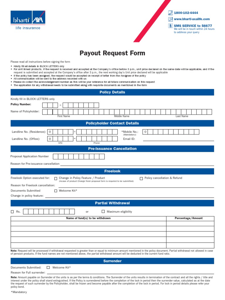 Payout Request Form Cheque Insurance