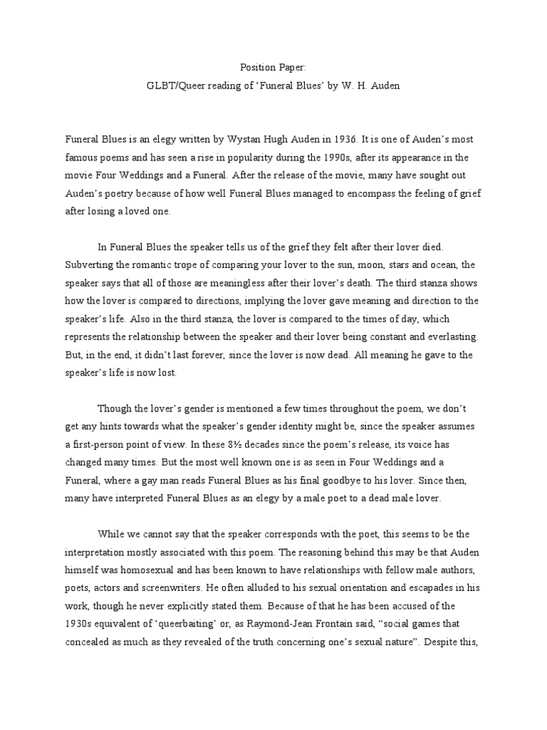 GLBT/Queer Reading of Funeral Blues' by W. H. Auden PDF