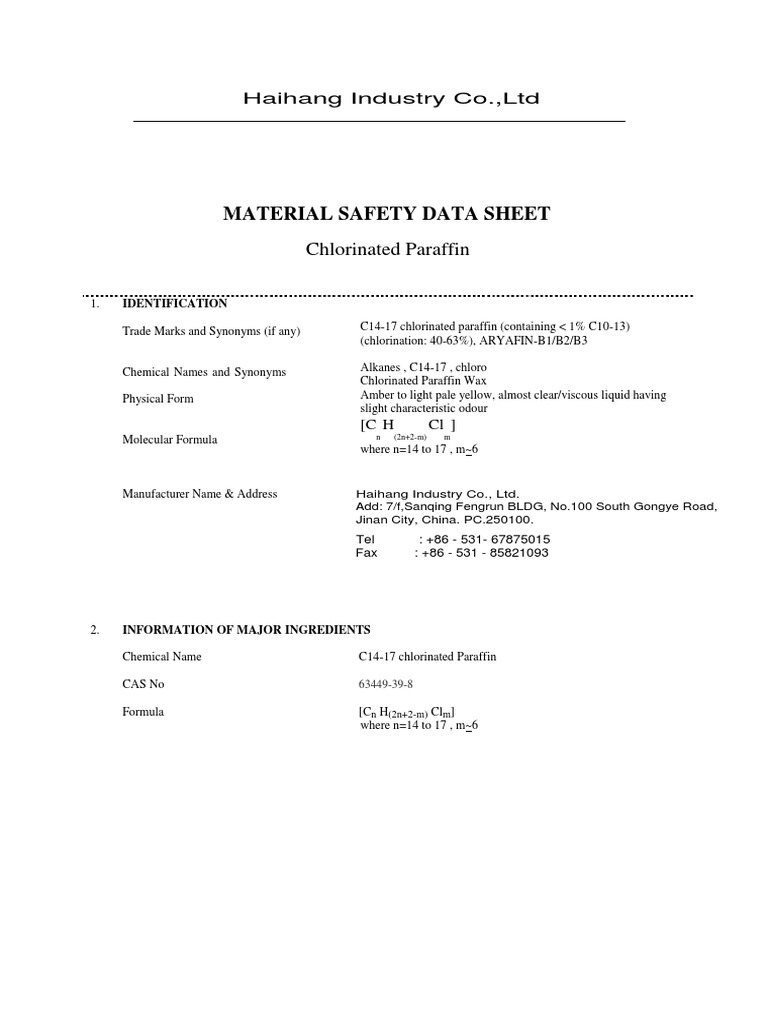 Chlorinated Paraffin MSDS PDF Chlorine Water