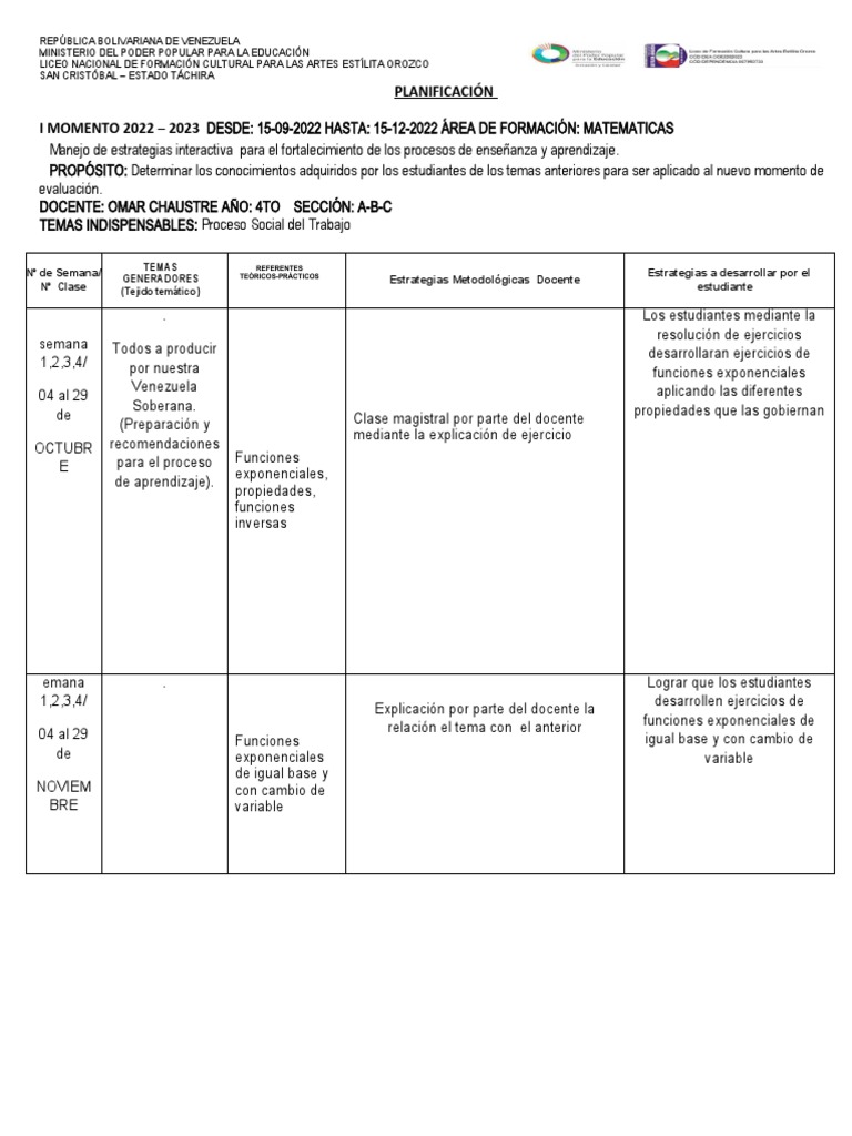 4to Año MATEMATICAS Formatos Planificación y Evaluación 22 23 | PDF ...