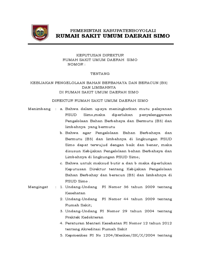 Kebijakan Pengelolaan B3 RSUD Simo | PDF