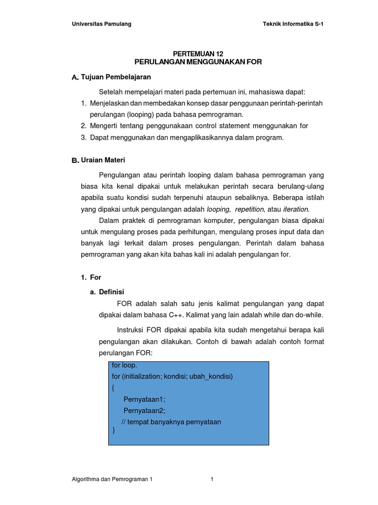 Pengulangan For dalam Pemrograman C++ | PDF
