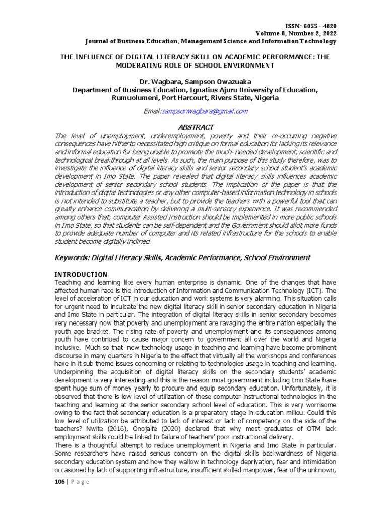 Theinfluence Of Digital Literacy Skill On Academic Performance Pdf