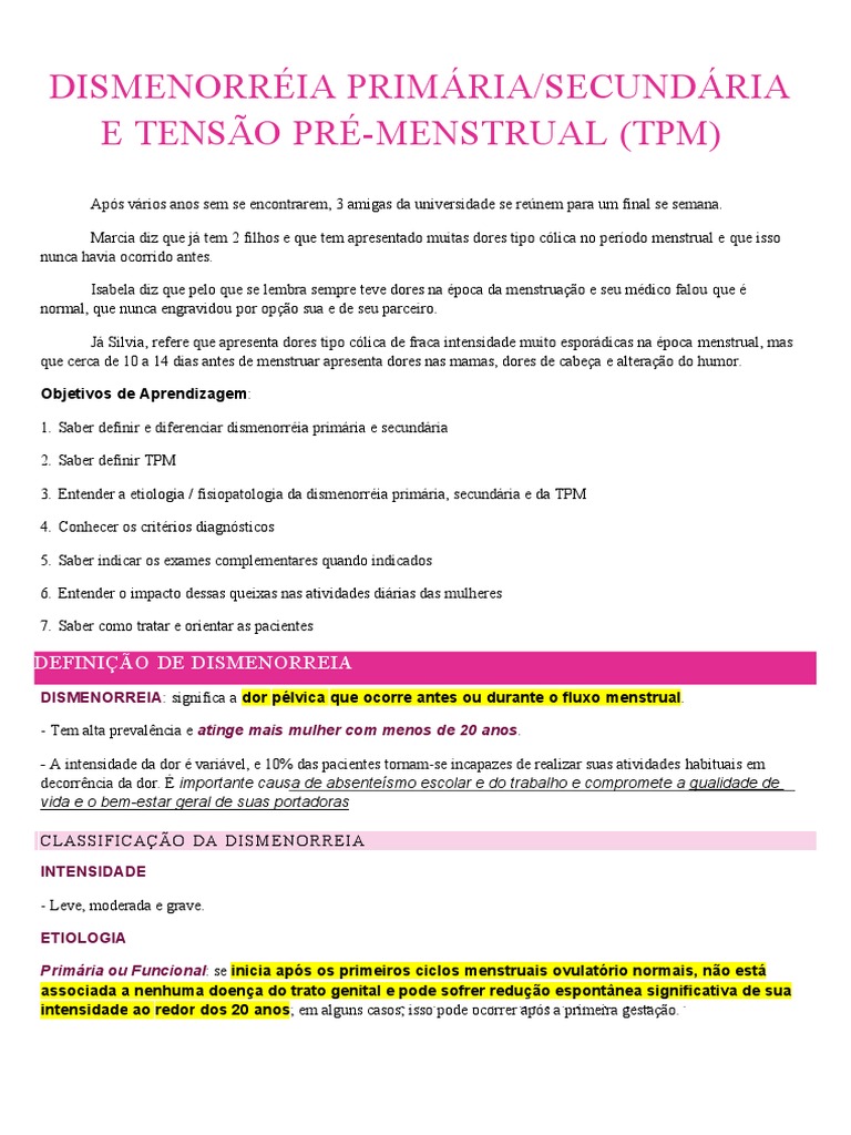 Dismenorreia: Primária e Secundária | PDF | Menstruação | Tensão pré ...