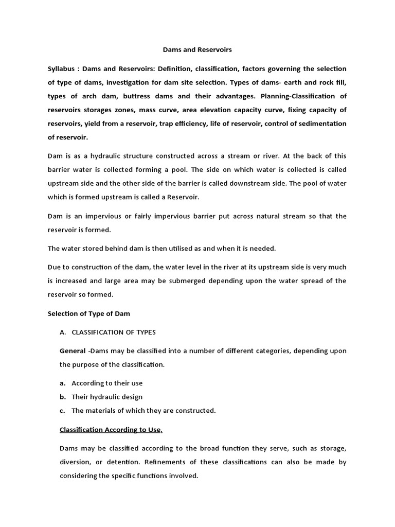 A Comprehensive Overview of Dams and Reservoirs Types of Dams