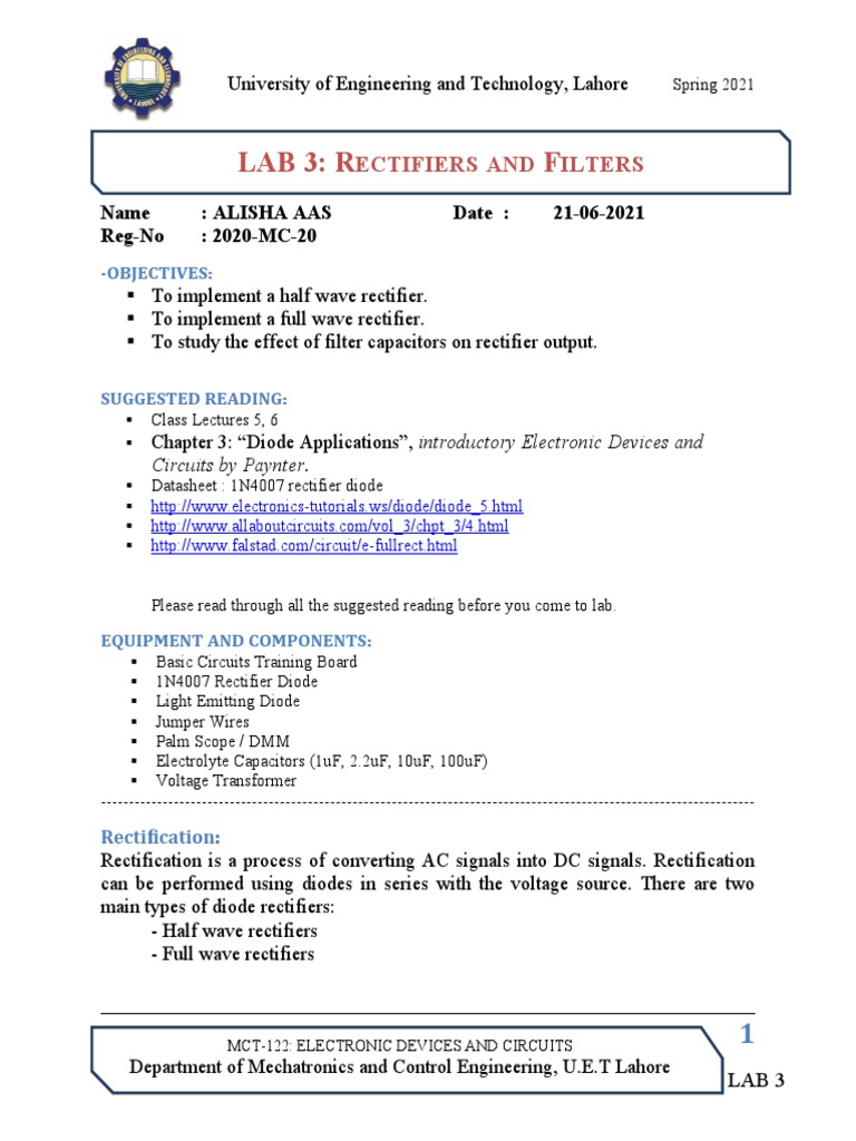 Lab 3 Rectifiers and Filters PDF Rectifier Diode