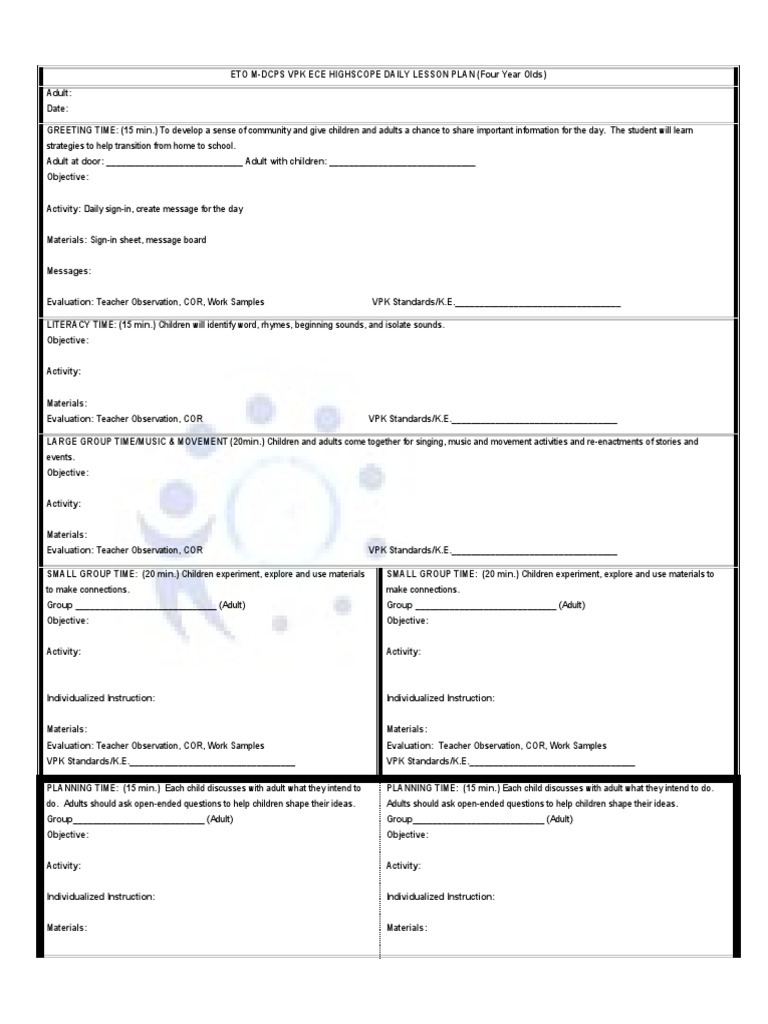 VPK Daily Lesson Plan Template | PDF | Teachers | Lesson Plan