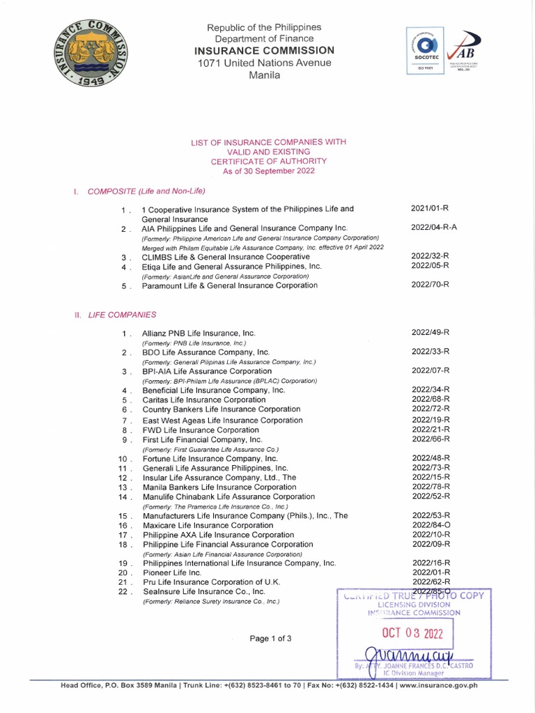 List of insurance companies with valid and existing cert of authority